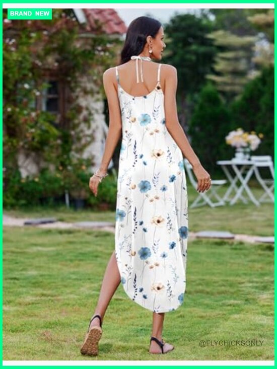 Casual Maxi Sundress Sleeveless V Neck Split Boho Beach Dress with Pockets - Picture 3 of 7